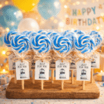 Plavo bela swirl lizalica kao poklon