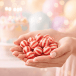 Crveno bele svilene bombone jagoda kao dekoracija